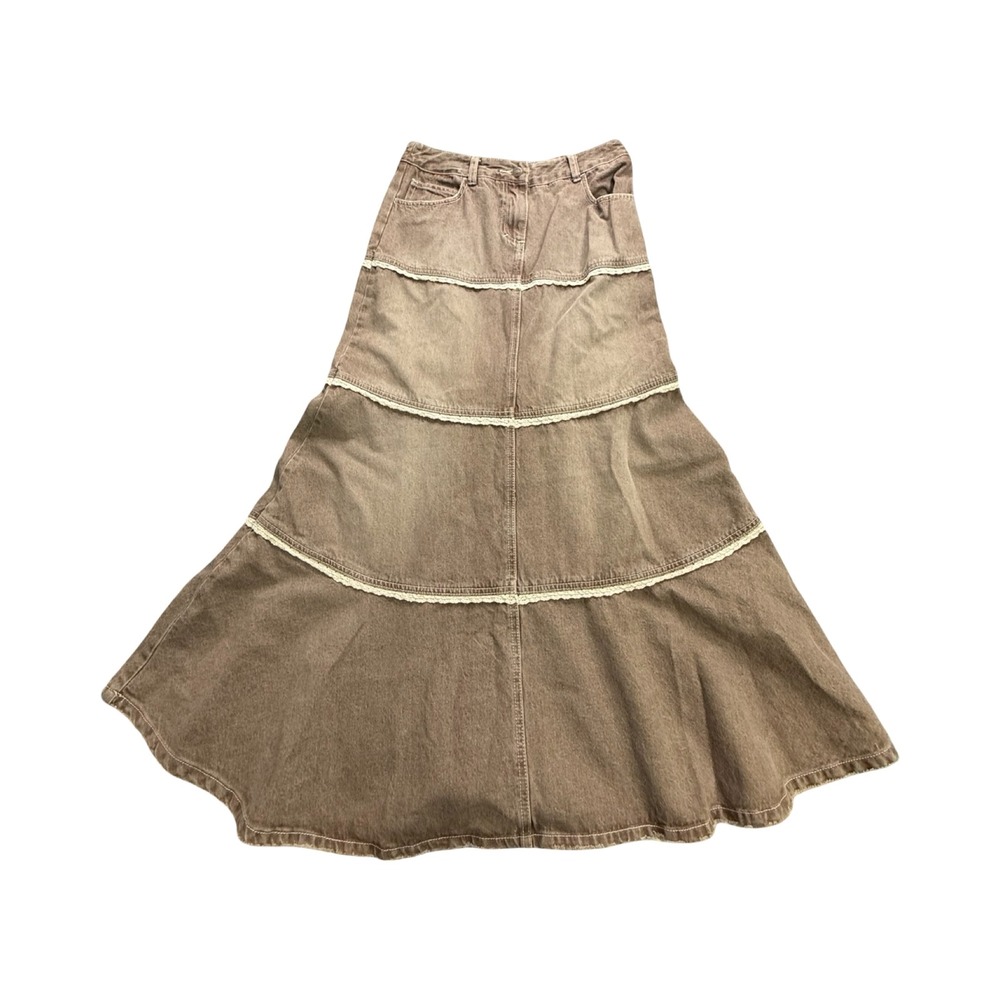 Jeanology Tiered Skirt Womens 28x36 Brown Denim Lace Trim Cotton Boho